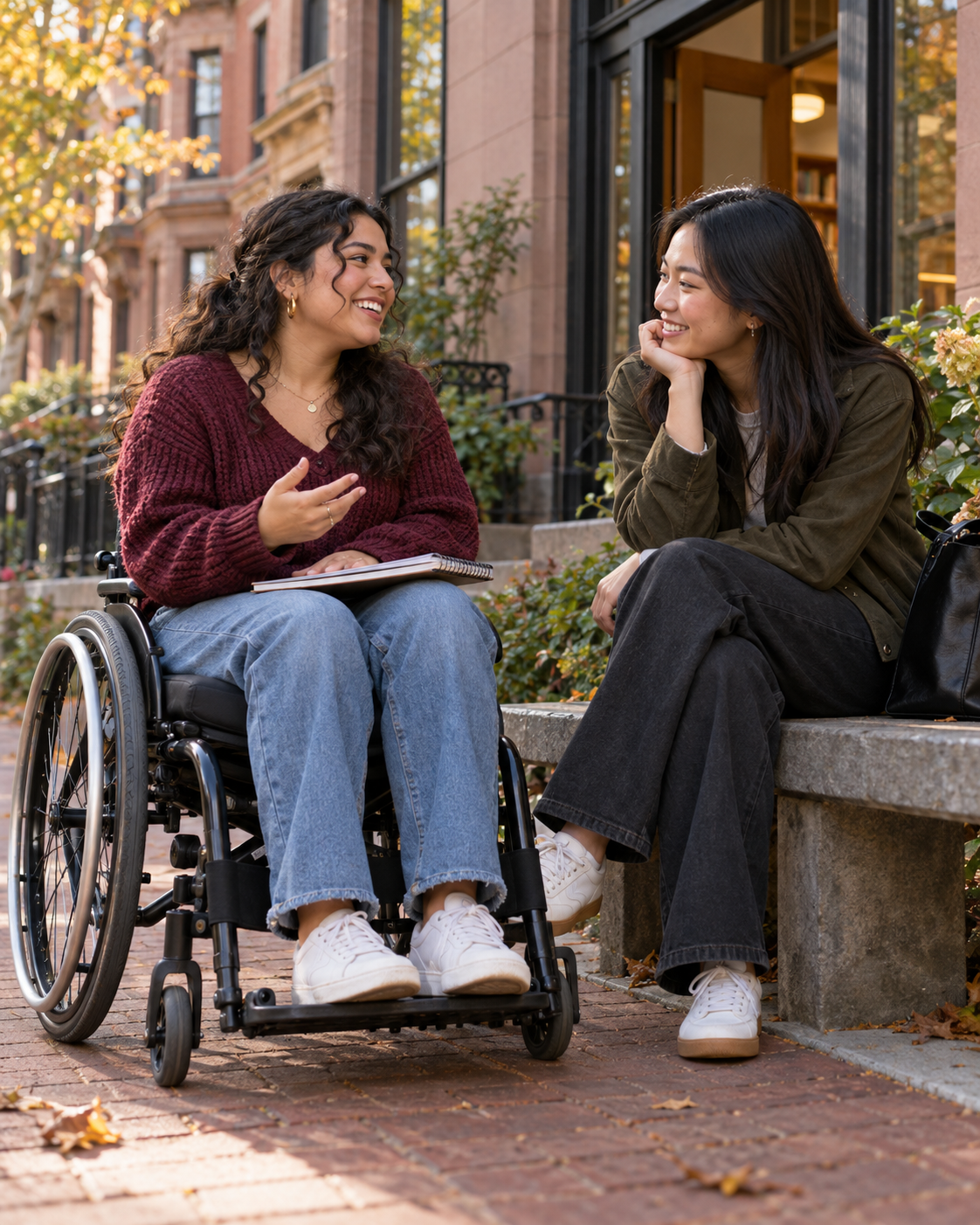 Illustrative AI-generated image: Two young adults talking outside a community learning space, one using a wheelchair