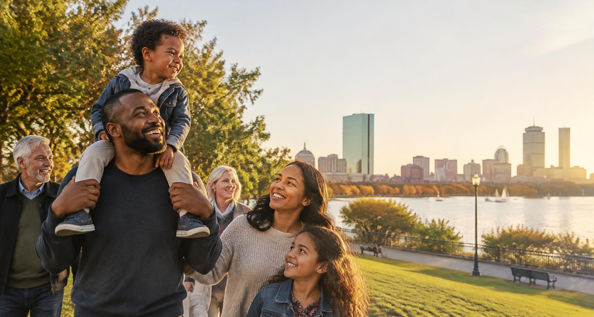 Illustrative AI-generated image: Diverse family, a father carrying his son, and the Boston skyline